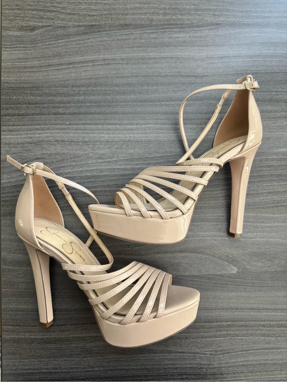 Jessica Simpson Nude Patent Multi-Strap Platform Heels